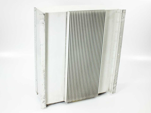 Miteq U/D-9502-61289 C-Band Up/Downconverter – rear/side view showing large aluminum finned heat sink spanning full width of enclosure
