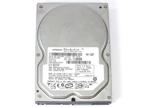 Hitachi Deskstar 0A33451 160GB 3.5" SATA HDD — top label view showing model, capacity, and date code MAY-2007