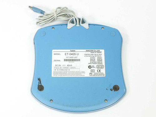 Wacom ET-0405-U Graphire tablet rear label showing model ET-0405-U, ET-0405-U00, DC 5V 40mA, FCC ID IXMET-0405, Made in Taiwan
