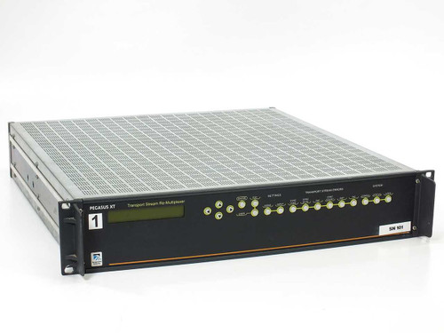 Scientific Atlanta Pegasus XT interior showing three parallel processing/input cards populated with Altera FLEX FPGAs and coaxial signal connections at base