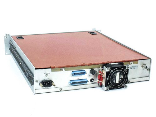 STS Inc Statcom Upconverter rear panel showing IEC AC input, two DB44 parallel connectors, cooling fan, and SMA RF output port