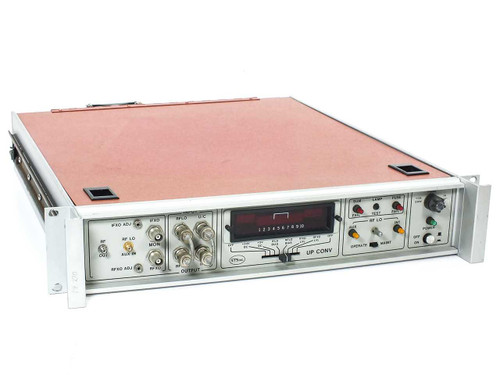STS Inc Statcom RF Upconverter front panel and top view showing 19-inch 2U rackmount chassis with LED bar graph display and front panel controls