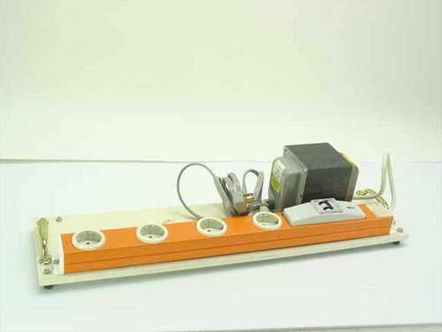 Knurr orange 4-port PDU with isolation transformer mounted on top – 3/4 front view showing Schuko outlets and power cable