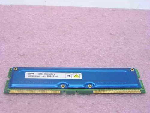 Samsung MR16R0824AN1-CK8 64MB PC800-45 RDRAM RIMM – front view showing blue heatspreader and label