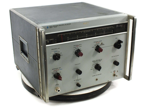 HP 8551A Spectrum Analyzer RF Section front panel — three-quarter view showing analog meter, frequency and attenuator knobs on gray chassis