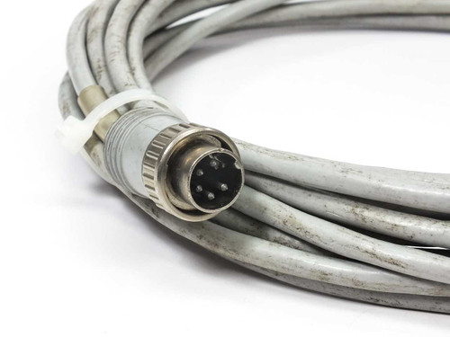 5-pin DIN male connector close-up showing five pins and metal housing on gray cable