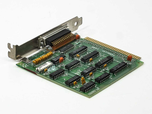 IBM 1501987XM ISA parallel port card – three-quarter front view showing full PCB component layout and ISA edge connector
