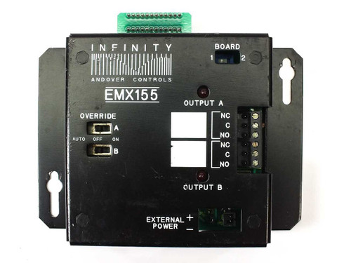 Andover Controls EMX155 Infinity Expansion Module – front panel view showing Override A/B switches, Output A/B relay terminals (NC/C/NO), External Power port, and Board DIP switches