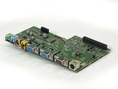 InFocus IN104 4H.13201.A00 DLP projector main board – angled top view showing VGA, RCA, and S-Video port side