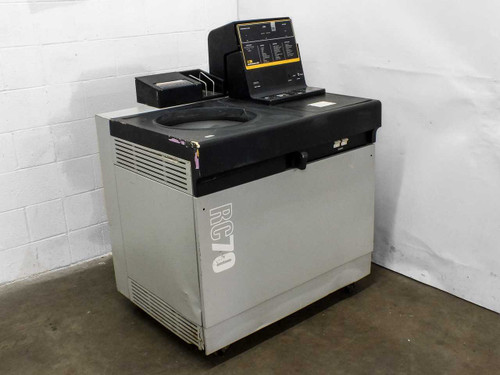 Sorvall RC70 RC-80 floor-model ultracentrifuge front left view showing RC70 branding on cabinet, black control console lid open on top