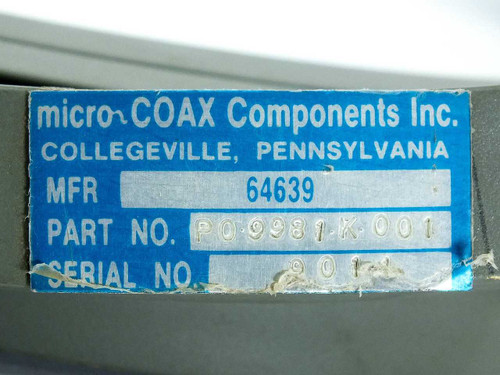 Micro-Coax Components Inc. label showing Part No. PO.9981.K001, MFR 64639, Serial No. visible – label closeup