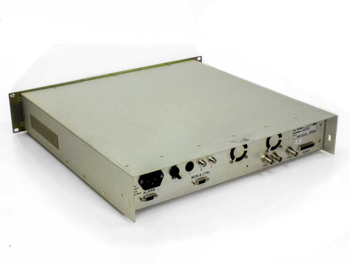 Newtec DVB-2063 NTC/2063/Lx satellite demodulator – rear panel 3/4 view showing IF BNC inputs, MON & CTRL port, ALARM connector, COAX outputs, and cooling fans