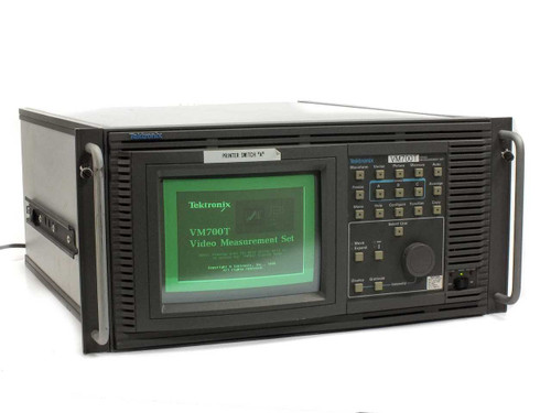 Tektronix VM700T Video Measurement Set front panel showing CRT display with startup screen and control buttons, 5U rackmount chassis