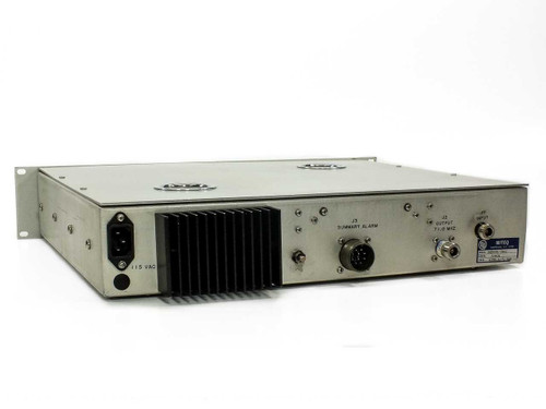 Miteq DN8000/5942 Downconverter – rear panel view showing 115VAC IEC power inlet, heat sink, J3 Summary Alarm connector, and IF/RF output ports