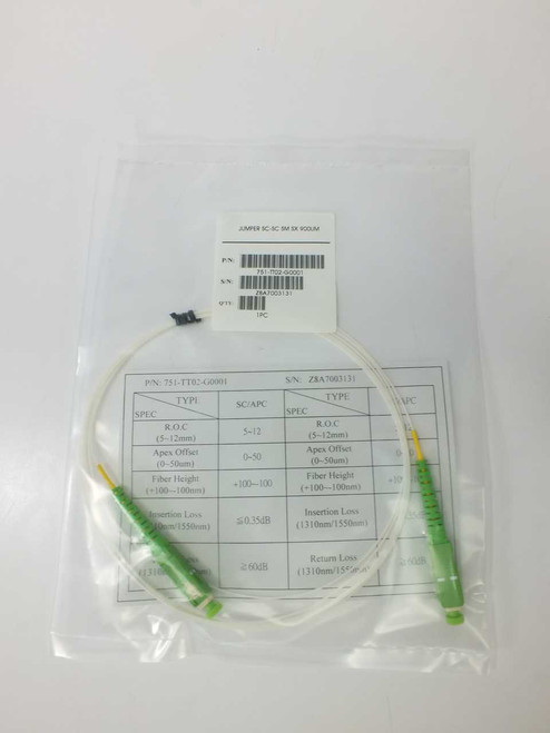 Single SC/APC singlemode fiber jumper in bag with part number label showing P/N 751-TT02-G0001 and spec sheet