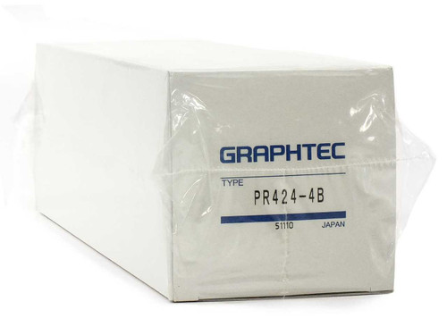 Graphtec PR424-4B chart recorder paper roll in original white box with plastic wrap — side angle view showing Graphtec label, type PR424-4B, and Japan origin