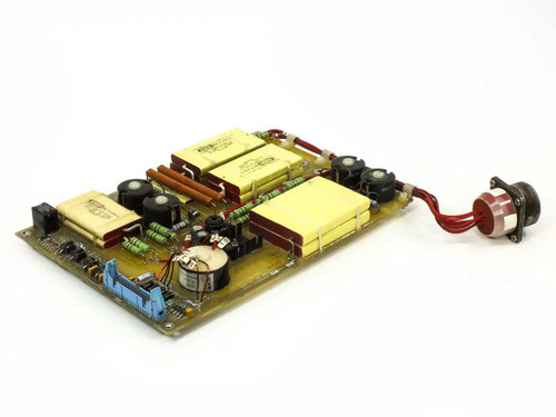 CPI Satcom Gen IV HV Module Assy 01026320 – three-quarter view showing PCB with yellow HV capacitors and attached 8-pin circular connector on red wire harness