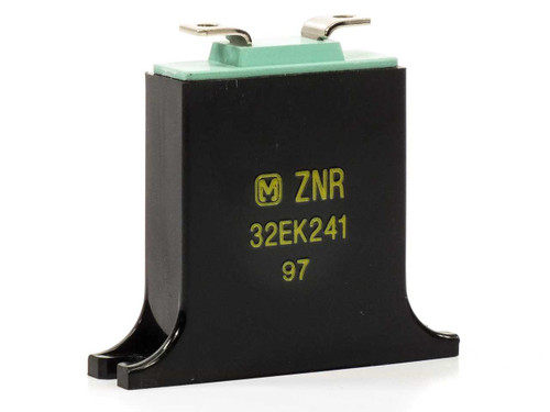 Panasonic 32EK241 ZNR varistor front view showing black molded body with green zinc oxide disc and spade terminals, date code 97 printed in yellow