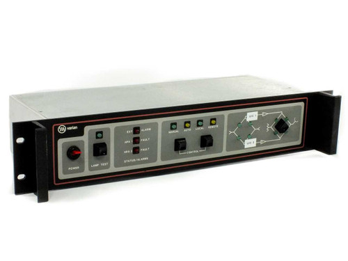 Varian VJC6767S2CMU RF Satcom Control Interface – front panel view showing Power, Lamp Test, Status/Alarms, and upconverter switching section