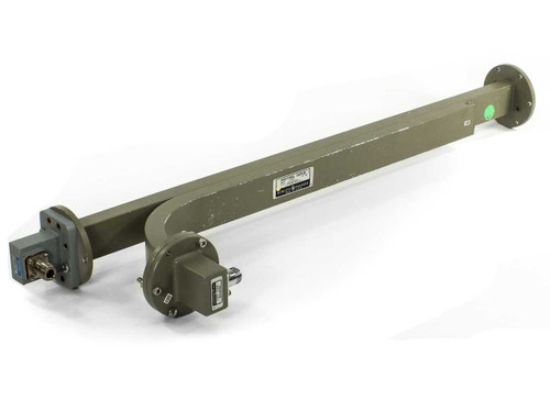 HP Hewlett Packard J752C 10 dB Directional Coupler – full unit angled view showing long rectangular waveguide body with Waveline 401-NF adapters and circular flanges