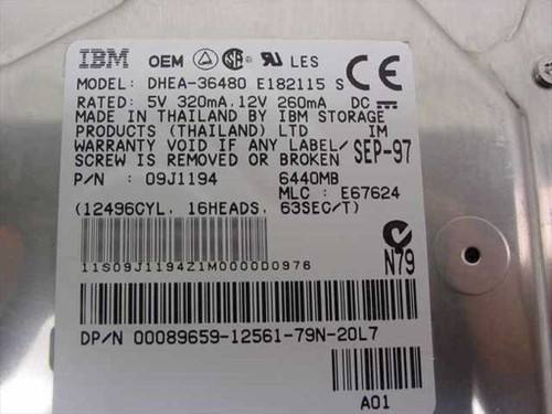 IBM DHEA-36480 drive label showing model, P/N 09J1194, 6440MB capacity, 5V/12V ratings, Sept 1997 date, Dell DPN 89659