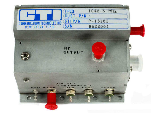 CTI P-13162 RF Filter – front face showing label with FREQ 1042.5 MHz, CTI P/N P-13162, S/N 8523001, Code Ident 53213, and RF OUTPUT SMA port with red protective cap