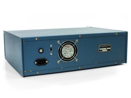 IntraAction DFE-40/102 AOM Modulator Driver – rear panel showing IEC AC power inlet, voltage selector switch set to 115V, ETRI cooling fan, and IntraAction Corp rating plate