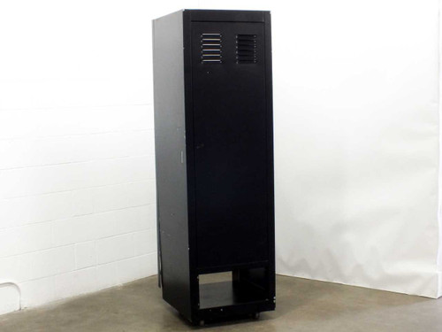 19-inch full-height black rackmount enclosure cabinet, closed front door, side and front view showing vented top panel and caster base