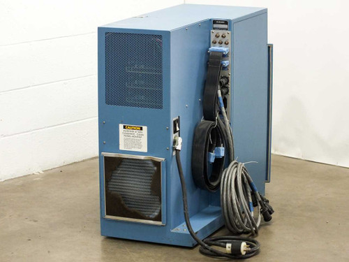 Hughes WD-8702-001 wire bonder control cabinet – rear-left view showing ventilation panel, caution label, large cooling fan, and power cable with twist-lock plug