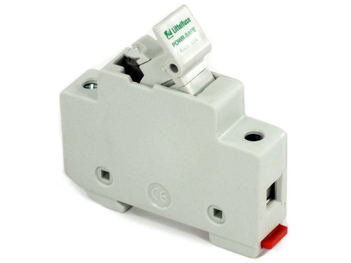Littelfuse LPSC CH Powr-Safe fuse holder left-side view with fuse carrier in raised open position and red indicator visible