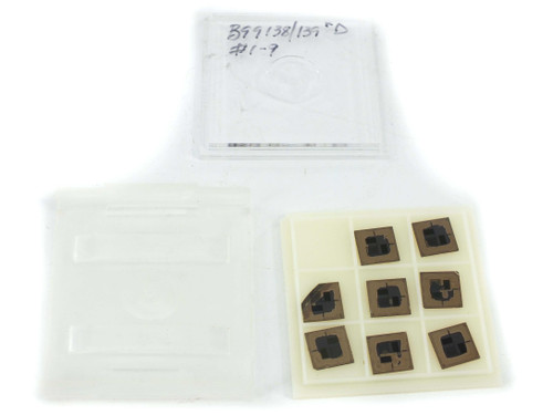 Entegris Fluoroware H20-551 tray, H20-02 clear cover, and H20-0B clip shown disassembled — one set with 9 bare die chips in slots