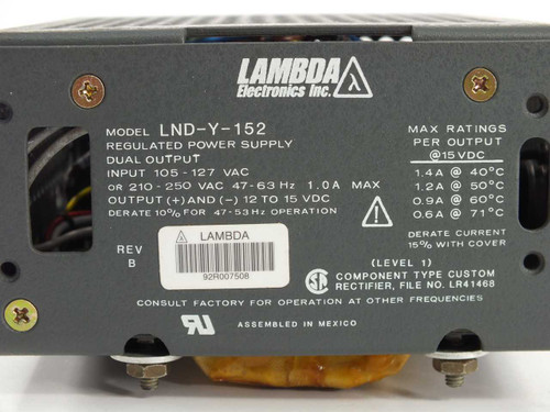 Lambda LND-Y-152 dual output power supply – label close-up showing Rev B, input 105-250VAC, output 12-15VDC, and UL/CSE markings