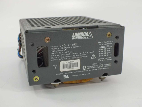 Lambda Electronics LND-Y-152 regulated power supply – top label view showing model number, input/output specs, and max ratings