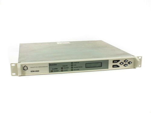 Adaptive Broadband SDM-2020 satellite modulator – front panel close-up showing Modulator label, SDM-2020 model number, Alarms and Faults indicators
