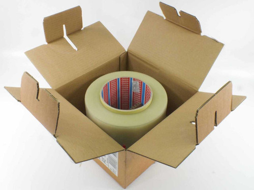 Tesa 4129 tape roll inside open cardboard box, showing packaging interior and tape roll on bottom flap