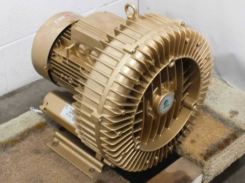 Goorui GHBH 004 34 AR7 side channel blower left-side view showing motor housing, mounting base, and lifting eye