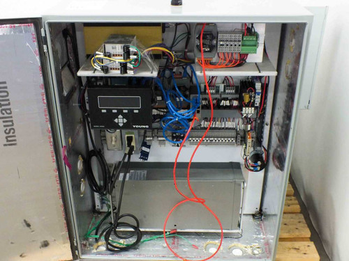 Young 26800 Meteorological Translator interior cabinet view showing Young 26800 translator module, terminal blocks, wiring harness, and relay components