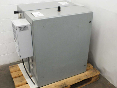Young 26800 Meteorological Translator 2-cabinet array exterior, side view with McLean enclosure AC unit mounted on left cabinet