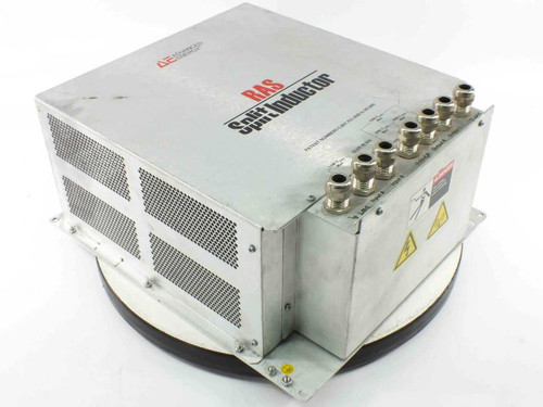 Advanced Energy RAS Split Inductor 3152522-001B – front-left view showing vented aluminum enclosure, AE logo, and top bulkhead connectors