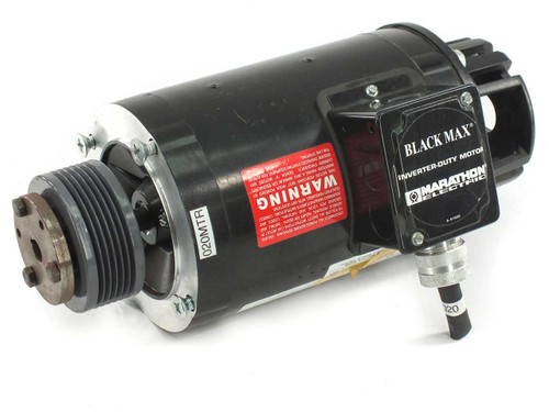 Marathon Electric BLACK MAX FVM 56H17T5301BP inverter duty motor – front drive end showing multi-groove pulley and WARNING label
