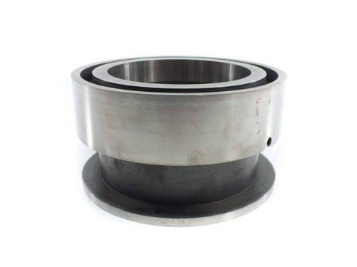 Stainless steel knife ring slitter showing outer stainless body, inner black groove ring, and flange base — three-quarter view