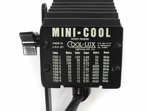 Cool-Lux Mini-Cool spotlight — side label showing brand name, patent pending notice, Made in USA, and FOS lamp compatibility chart with wattage, voltage, amps, and hours