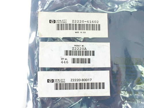 HP Hewlett-Packard labels showing part numbers Z2220-61602, Z2220A product number, Option 446, and Z2220-80017 — Made in USA