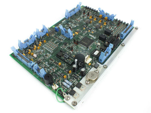 CPI Satcom P/P Controller Board 01026350 — side-angled view showing capacitors, crystal oscillator, and blue latch connectors along board edges