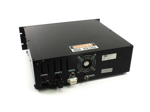 LTG LT3010 Laser Exciter rear panel showing AC inlet fuse block, cooling fan, high voltage warning label, and output connectors