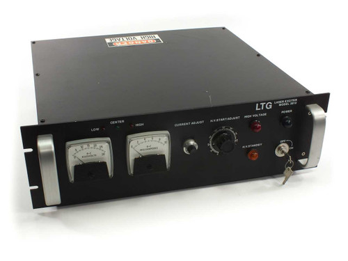 LaserTech Group LTG LT3010 Laser Exciter Power Supply front panel with dual analog meters, current adjust and HV adjust knobs, HV standby button, power switch, and key switch