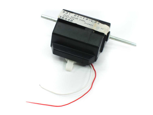 6V DC Gear Motor 037 01-14-L33 – front three-quarter view showing compact black housing, dual shaft, and wire leads hanging below
