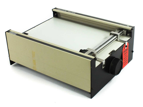 Houston Instrument HiPlot DMP-2 Digital Pen Plotter – right side three-quarter view showing platen and rail mechanism with red tag visible