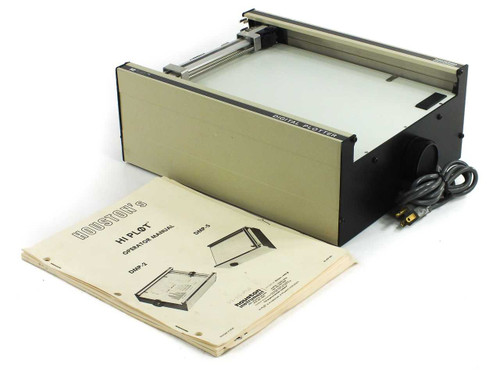 Houston Instrument HiPlot DMP-2 Digital Pen Plotter – front three-quarter view with operator manual in foreground