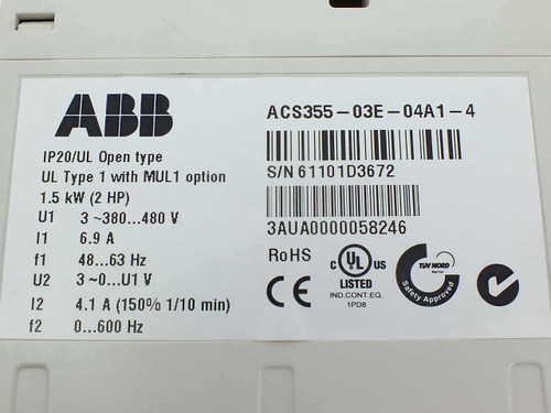 ABB ACS355-03E-04A1-4 rating plate label showing 1.5kW 2HP, 3-phase 380-480V input, 6.9A, IP20/UL Open Type, MUL1 option, serial number and 3AUA0000058246 part number